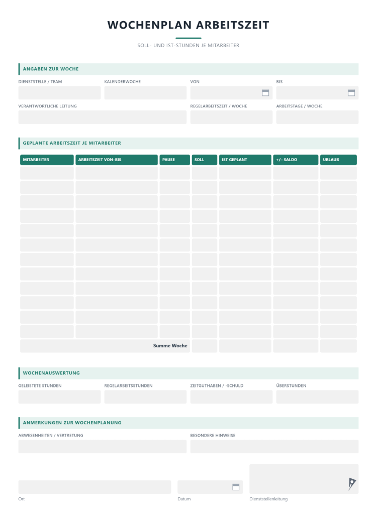 Wochenplan Arbeitszeit