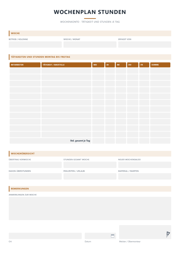 Wochenplan mit Stunden