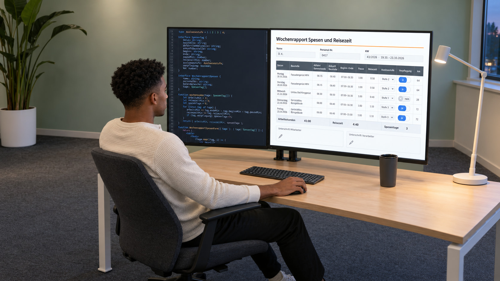 Entwickler programmiert den Wochenrapport: links der Code, rechts der Wochenrapport Spesen und Reisezeit mit Abfahrt an der Sammelstelle, Reisezeit, Auslösestufe und Verpflegung je Tag