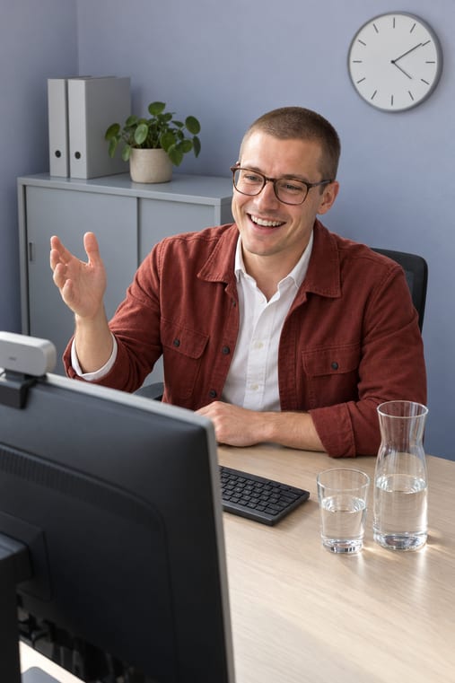 Formilo-Berater erklärt im Online-Meeting, wie der Wochenrapport entsteht