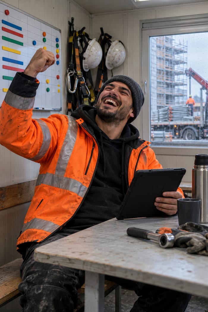 Gerüstbauer in orangefarbener Warnjacke und Mütze jubelt im Baucontainer mit dem Tablet in der Hand, an der Wand hängen Helme und Auffanggurte, draußen ein eingerüsteter Neubau