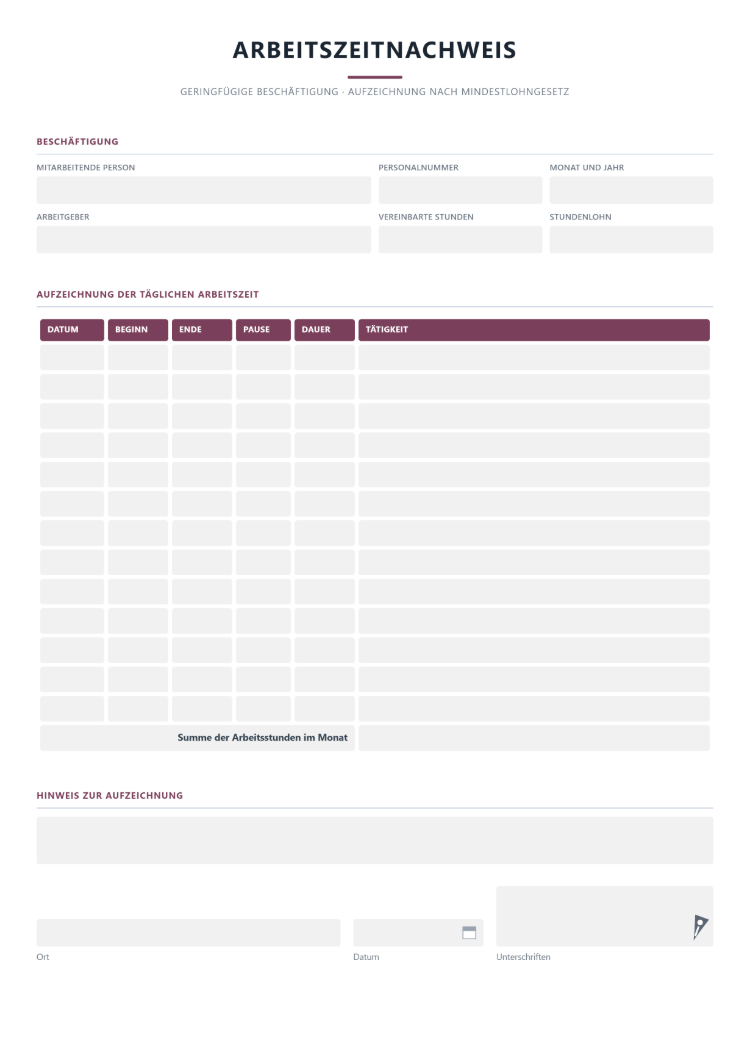 Arbeitszeitnachweis Minijob