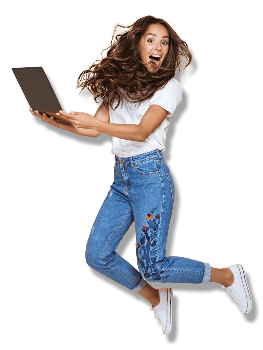 Frau springt mit einem Laptop in den Händen begeistert in die Luft. - PDF Datei ausfüllbar machen - Formilo GmbH