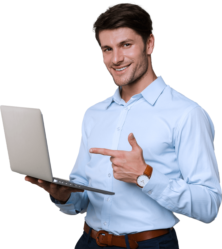 Mann zeigt mit der linken Hand auf ein Laptop, das er in seiner rechten Hand hält. - Formulare digitalisieren - Formilo GmbH
