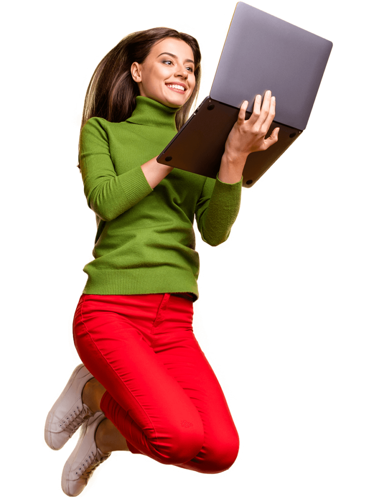 Frau hält in die Luft springend ein Laptop in den Händen. - Formilo GmbH
