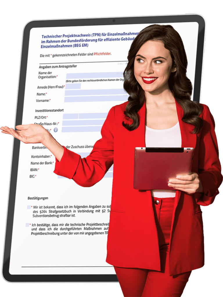 Dame in rotem Anzug mit Tablet in der Hand vor einem Formular