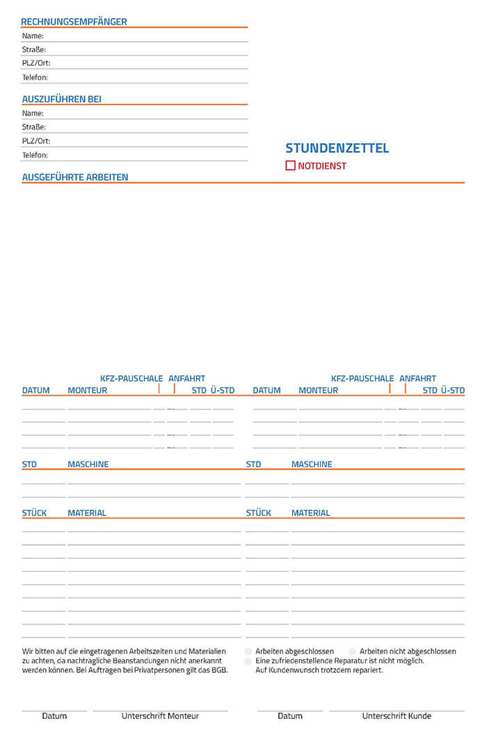 Beispielhaftes PDF Formular eines Stundenzettels für Sanitärfirmen. - Editierbare PDF erstellen - Formilo GmbH