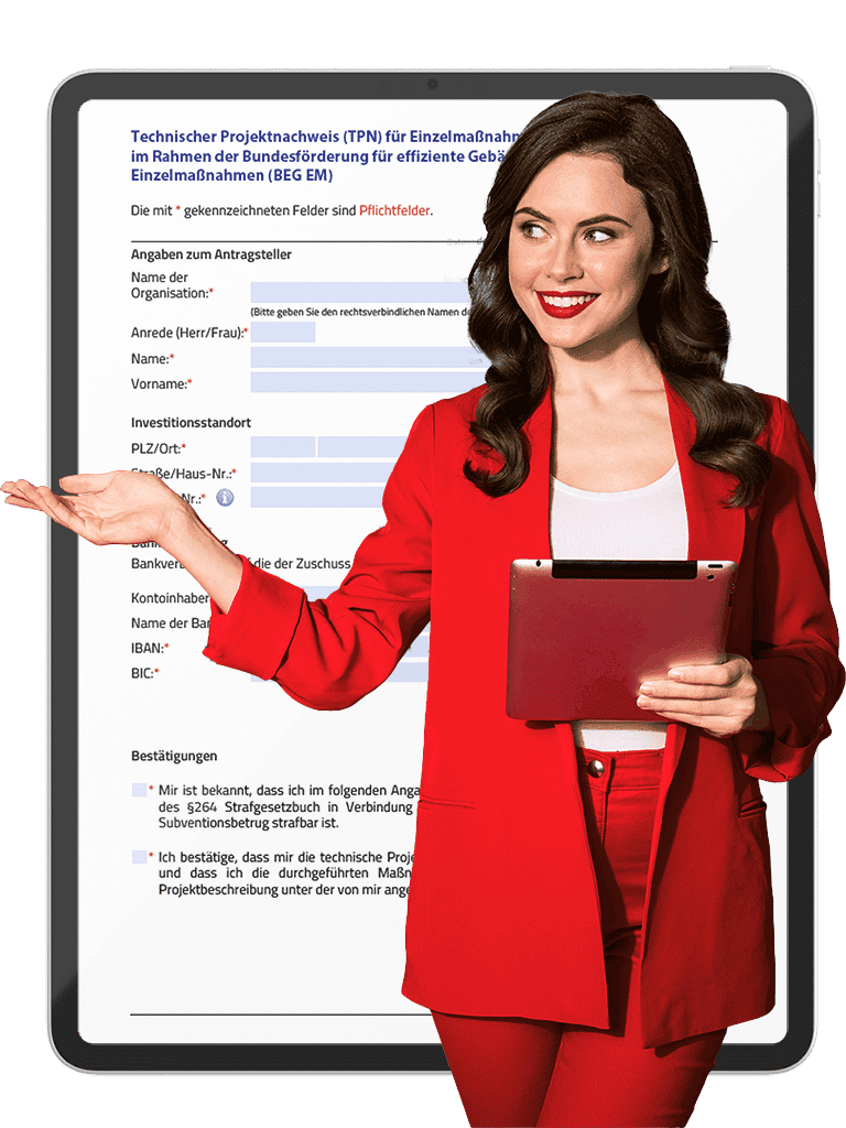 Dame in rotem Hosenanzug zeigt ein Formular