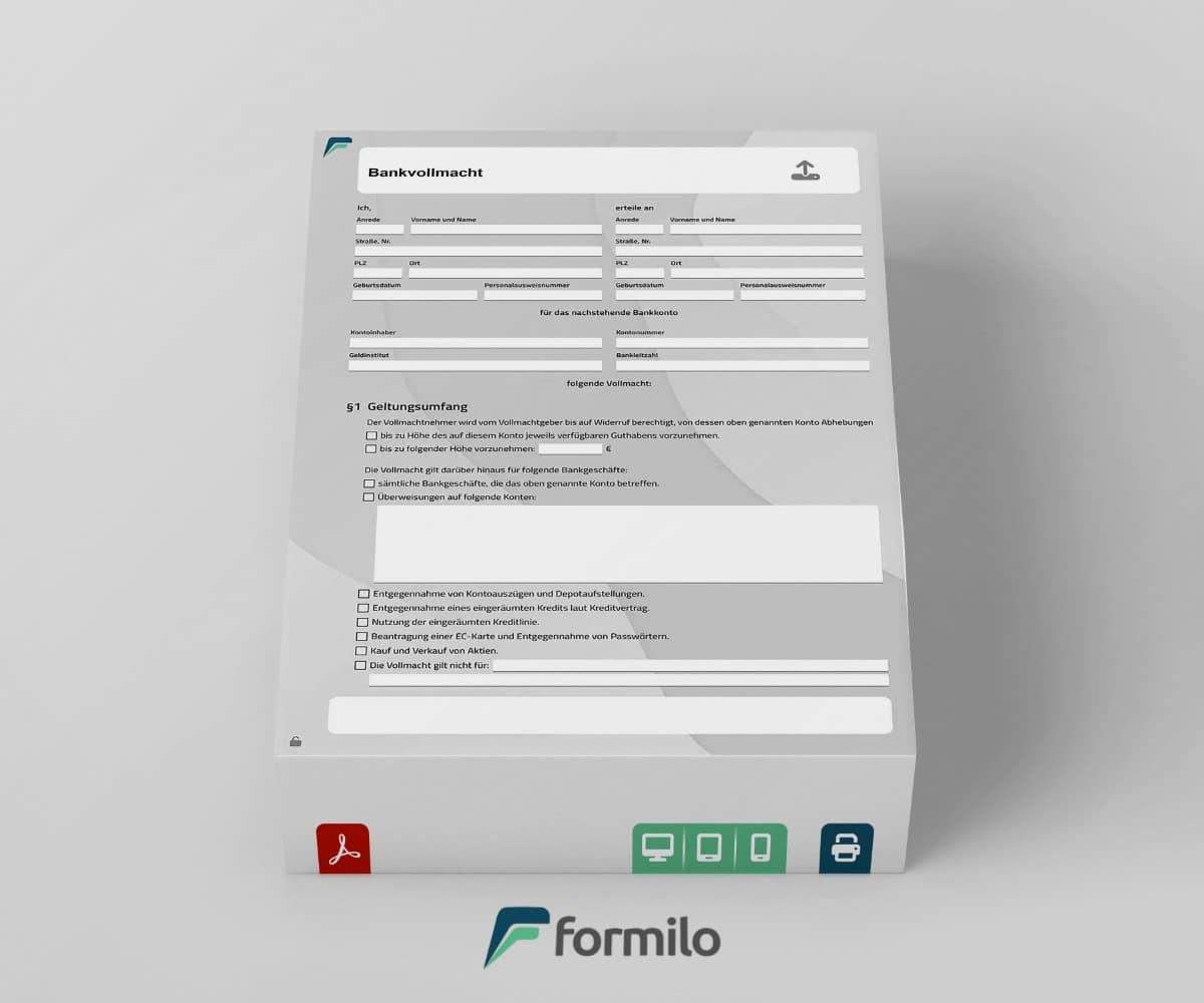 Bankvollmacht - PDF Formblatt für digitales Ausfüllen