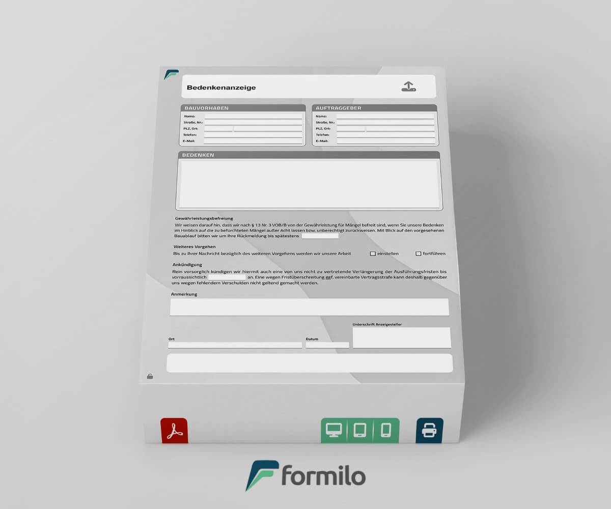 Bedenkenanzeige - digital ausfüllbares PDF Formular