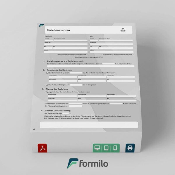 Darlehensvertrag als PDF Formblatt - zum digitalen Ausfüllen und signieren