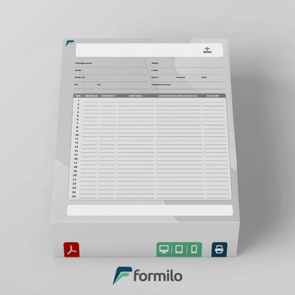 Digitale Materialliste - ausfüllbare PDF Datei zum Herunterladen