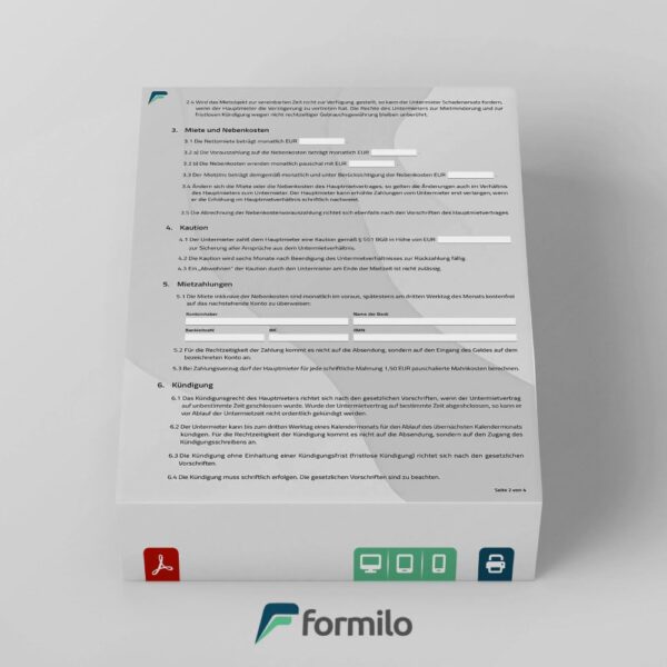 Untermietvertrag PDF Vorlage - digital ausfüllbar