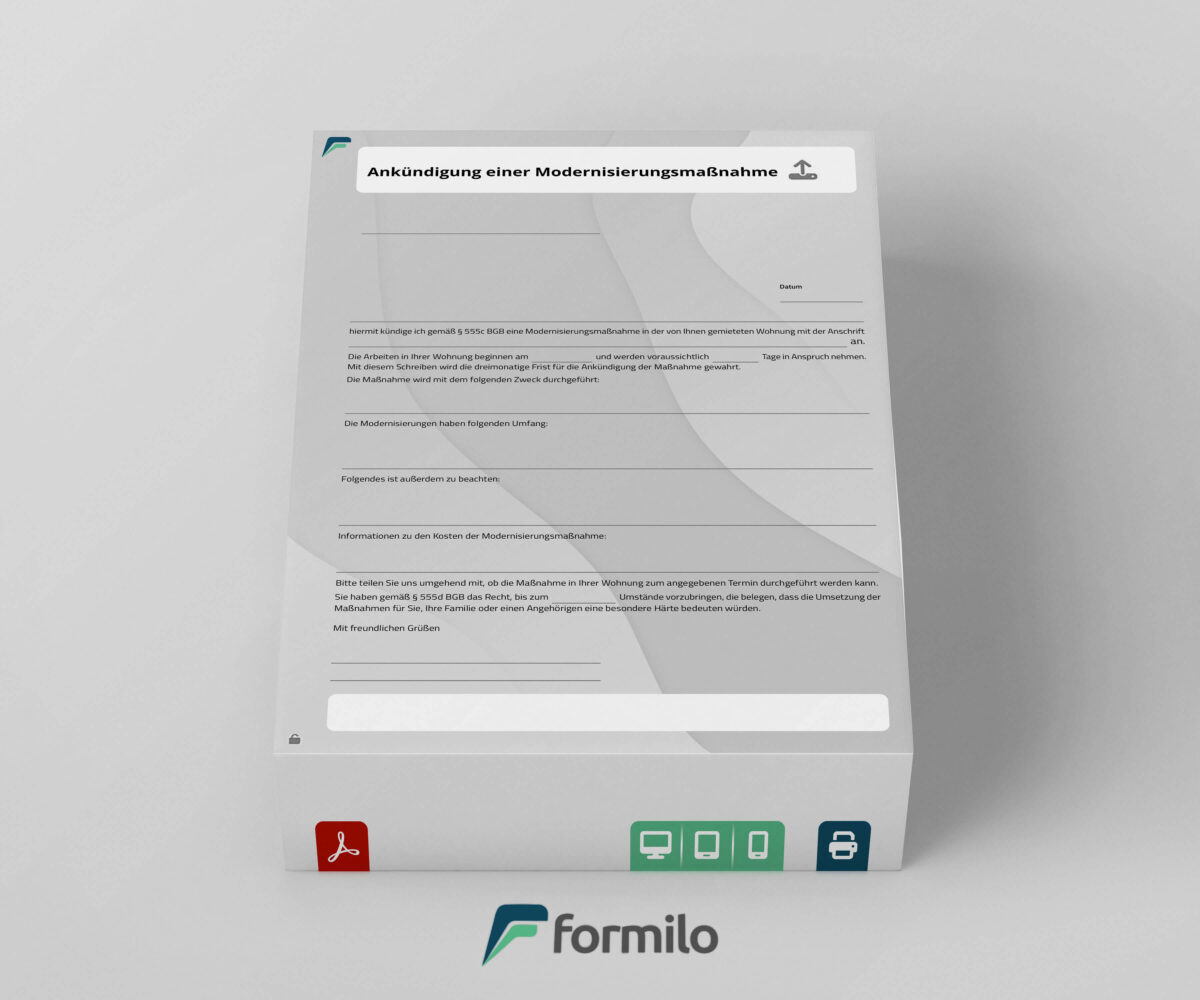Modernisierungsankündigung Immobilie - editierbarer PDF Vordruck