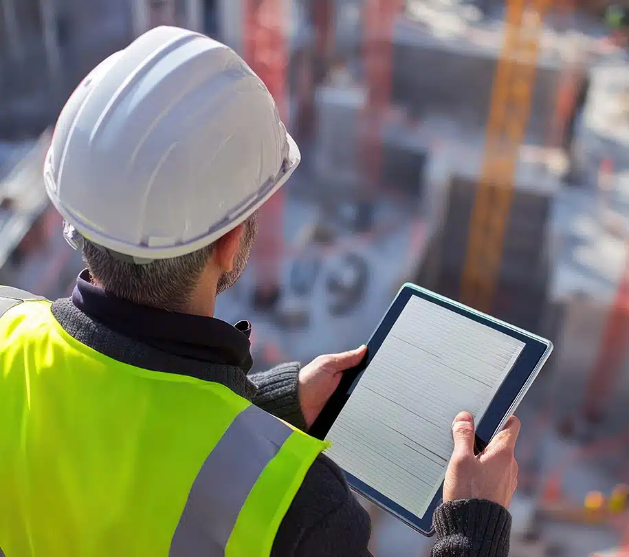 Ingenieur mit Tablet hat einen Blick auf die Baustelle