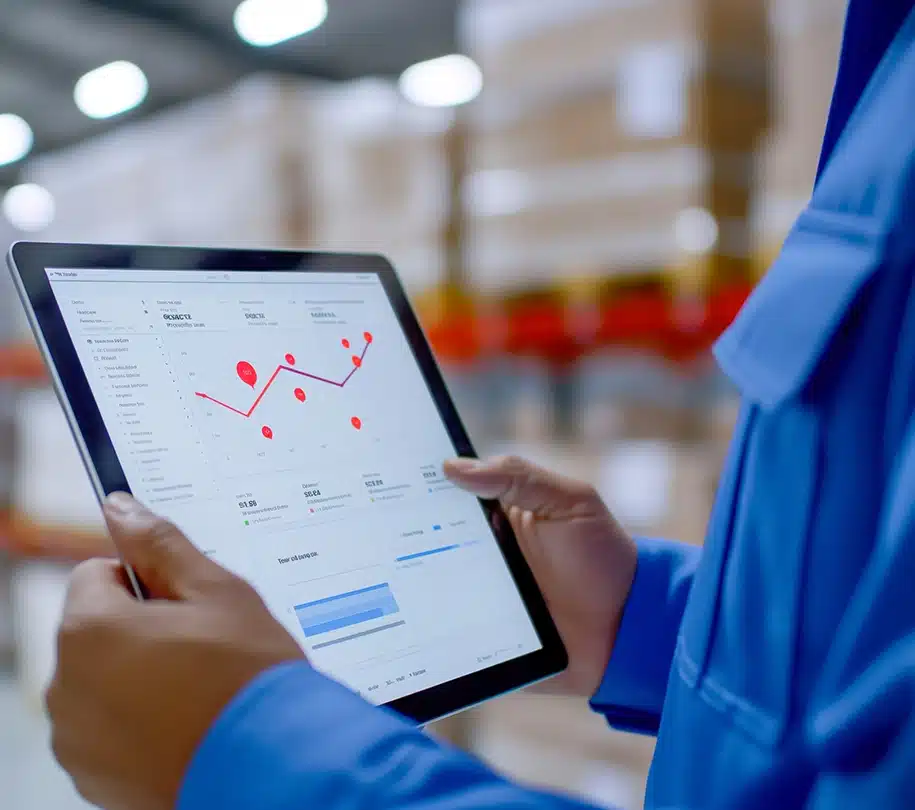 Lagerarbeiter analysiert Daten auf einem Tablet im Lager