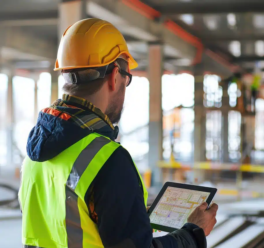 Bauarbeiter auf einer Großbaustelle mit Tablet, Schutzhelm und Sicherheitsweste.