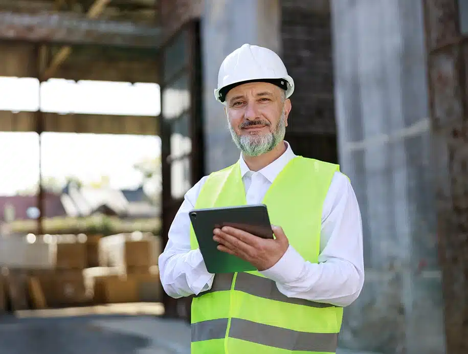Bauarbeiter, der auf der Baustelle an einem digitalen Tablet arbeitet.