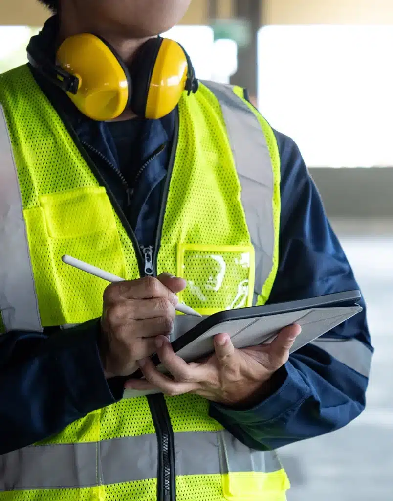 Bauinspektor mit digitalem Tablet zur Überprüfung des Sicherheitssystems
