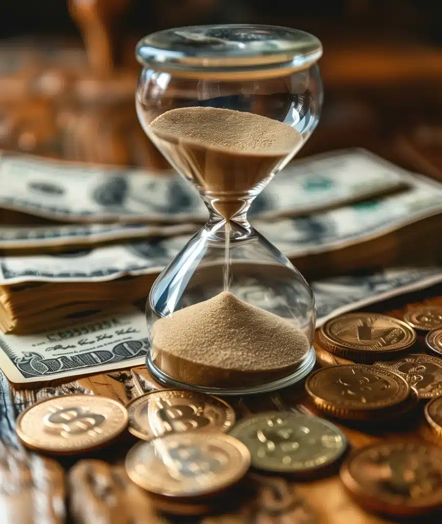 Eine Sanduhr umgeben von verschiedenen Währungen