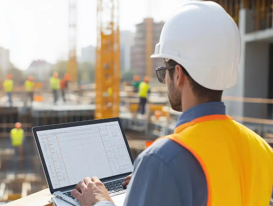 Ingenieur auf einer Baustelle kontrolliert per Laptop die Baustelle