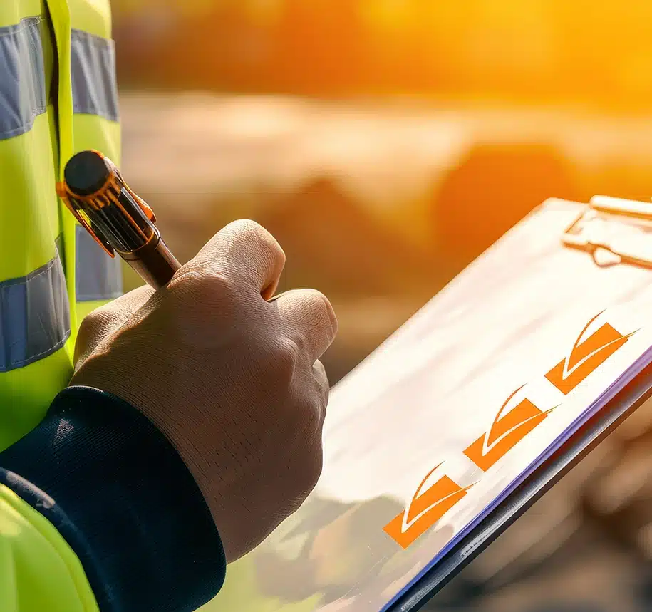 Bauarbeiter in Sicherheitsausrüstung unterschreibt während einer Baustelleninspektion einen Baubericht.