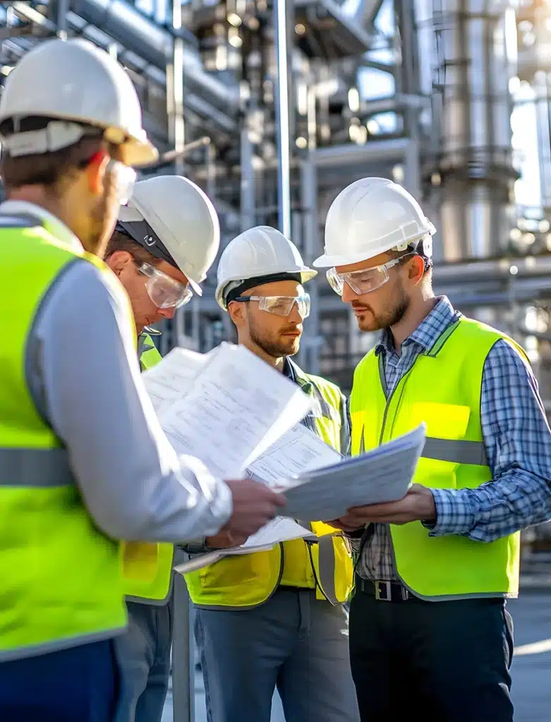 Ingenieure befinden sich auf eine betrieblichen Baustelle und besprechen Bauberichte
