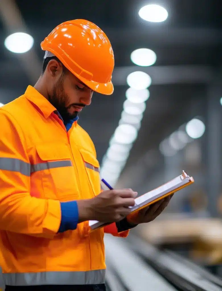 Arbeiter in Sicherheitsausrüstung überprüft Notizen in einem modernen Industrieumfeld.