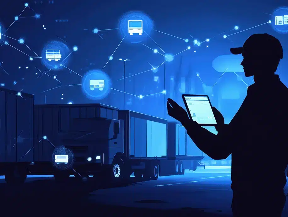 Silhouette eines Logistikmanagers, der Aufgaben mithilfe eines virtuellen Assistenten koordiniert