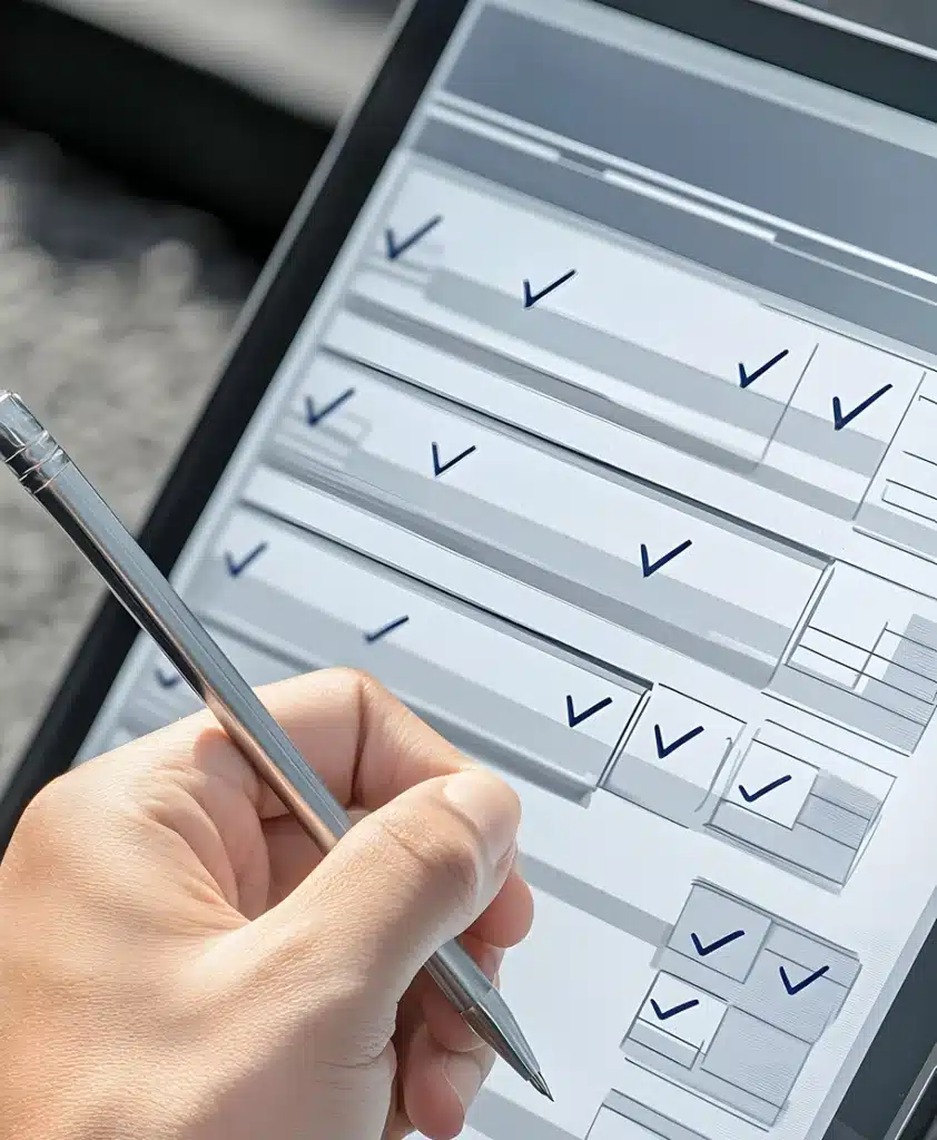 Eine Hand füllt eine digitale Checkliste aus