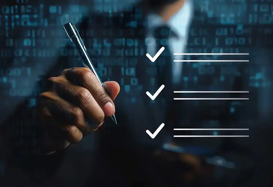 Geschäftsmann markiert Kontrollkästchen auf dem digitalen Bildschirm und stellt Checkliste und Aufgabenerledigung in einem modernen Geschäftsumfeld dar.