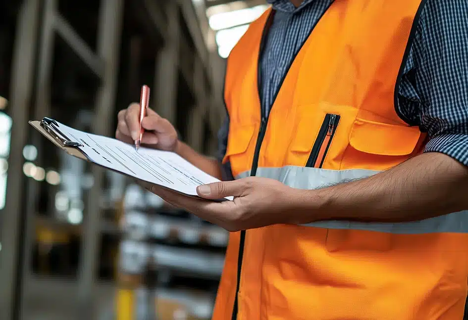 Bauarbeiter kontrolliert eine Materialliste