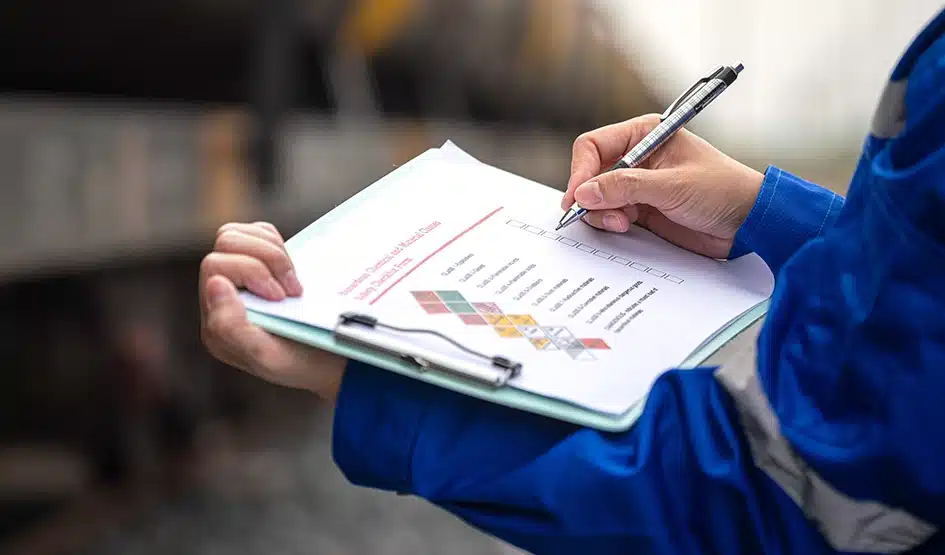 Ein Arbeiter überprüft das Checklistenformular