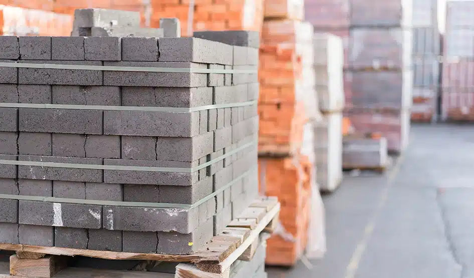 Stapel weißer Ziegelsteine liegen ​​vor einer Baustelle