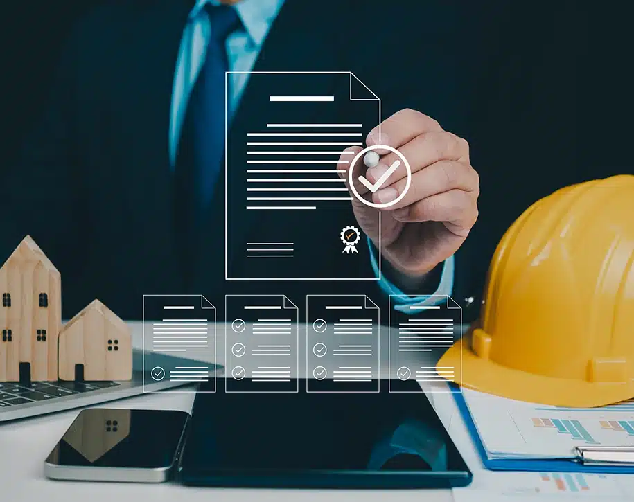 Architekt prüft die Dokumentenliste und die Genehmigung eines Projektes