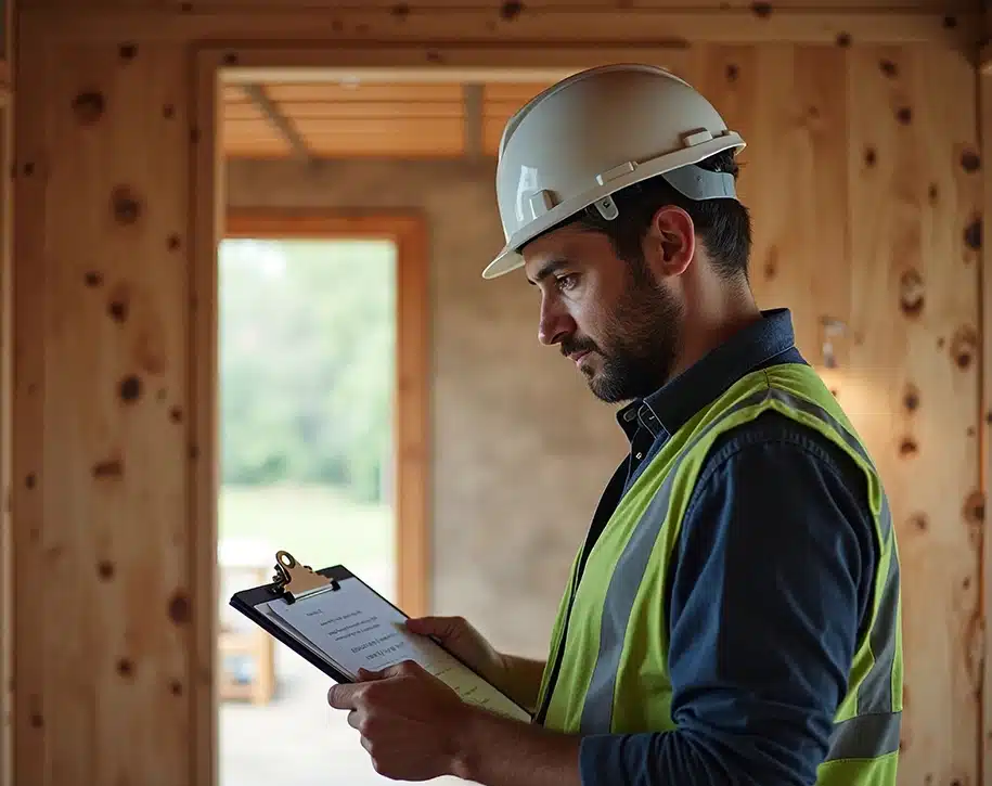 Bauunternehmer hält eine Materialliste in der Hand und führt Inspektionen durch