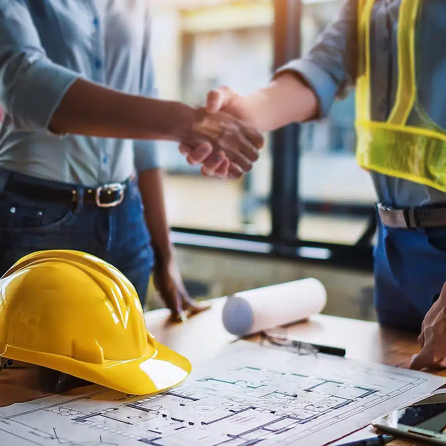Gelber Schutzhelm und Baupläne auf dem Schreibtisch am Arbeitsplatz mit Händeschütteln des Bauarbeiterteams