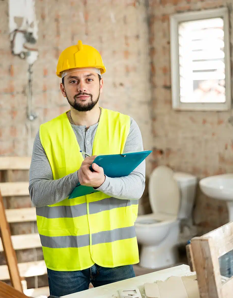 Handwerker steht in einer Werkstatt und macht sich Notizen