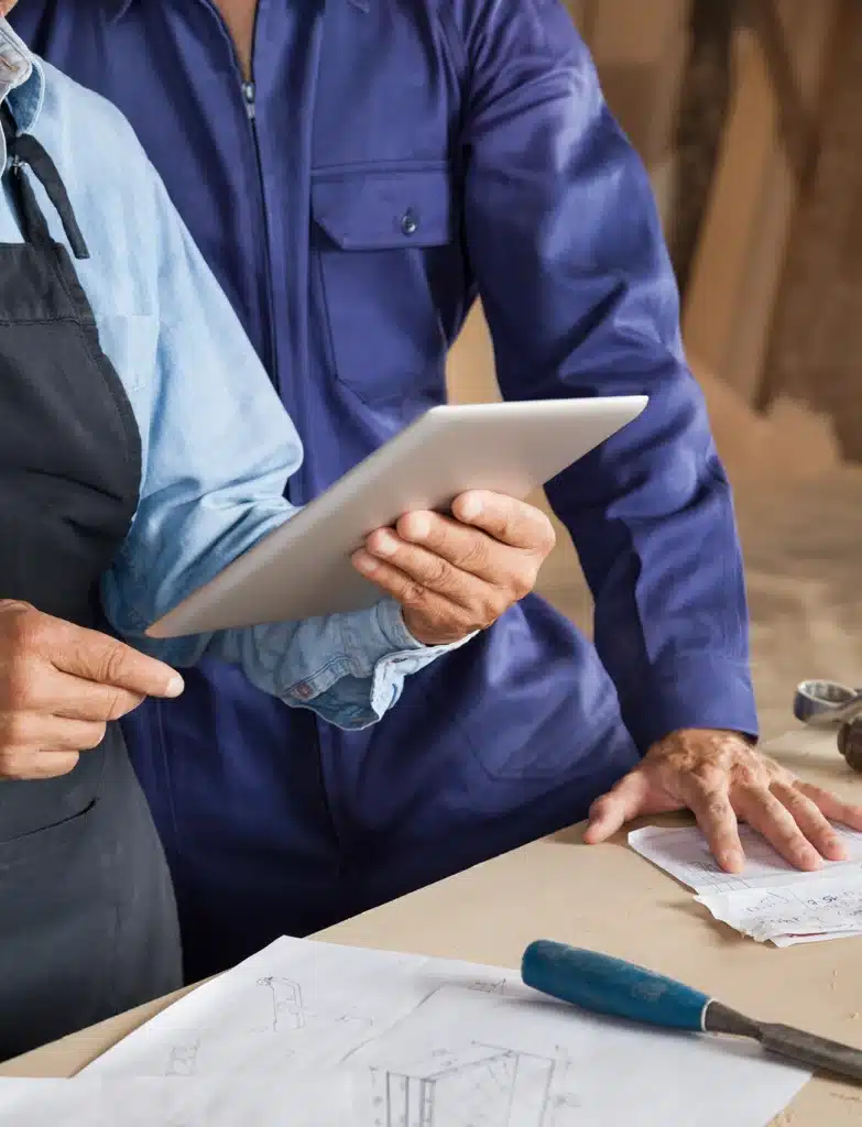 Zwei Handwerker stehen in einer Werkstatt nebeneinander und schauen auf ein Tablet