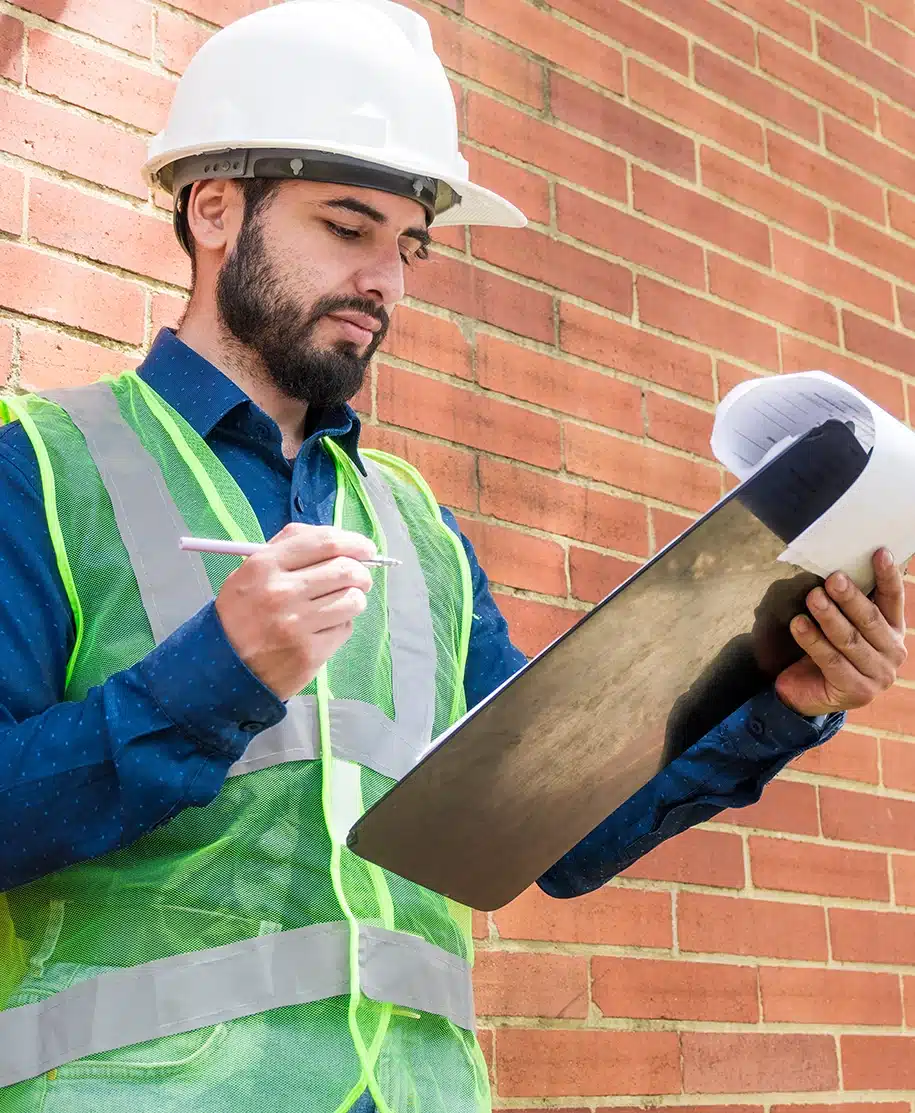 Bauarbeiter schaut auf einer Baustelle auf Dokumente mit einer Ziegelmauer im Hintergrund