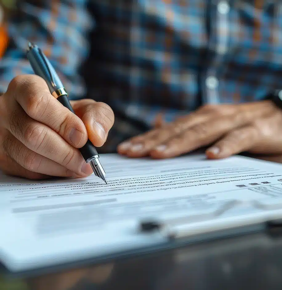 Hand eines Mannes, der Papierkram ausfüllt