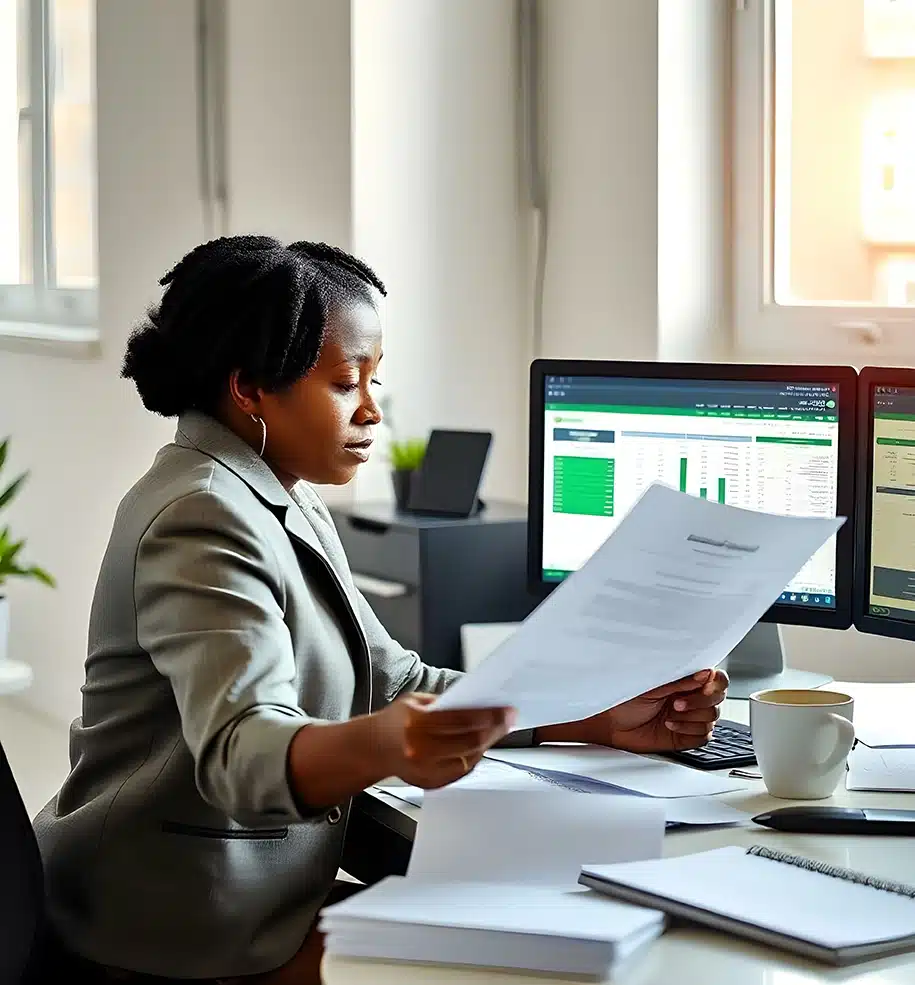 Eine Frau sitzt im Büro am Arbeitsplatz und arbeitet an Unterlagen