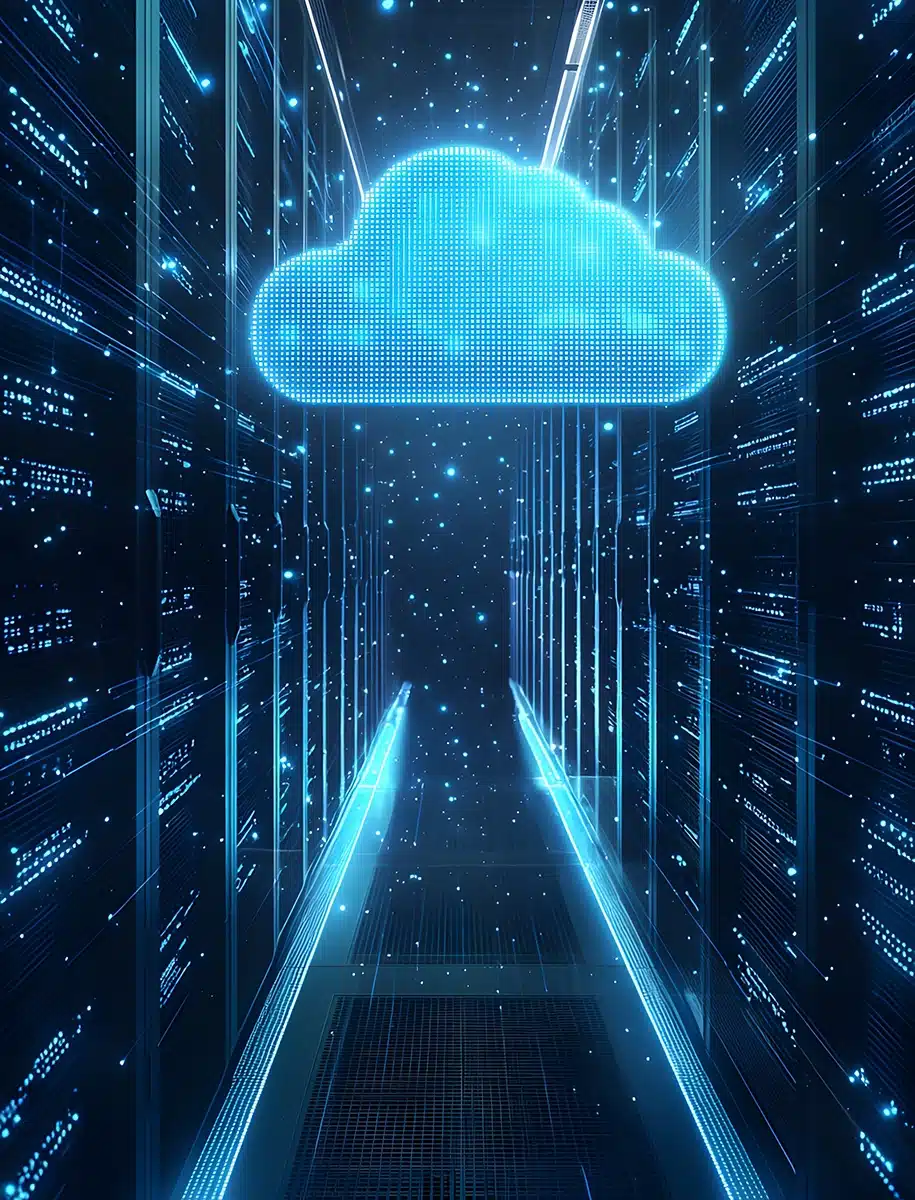 Futuristisches Rechenzentrum mit leuchtenden Netzwerkkabeln, die zu einem digitalen Cloud-Symbol führen, das Cloud-Computing-Technologie darstellt.