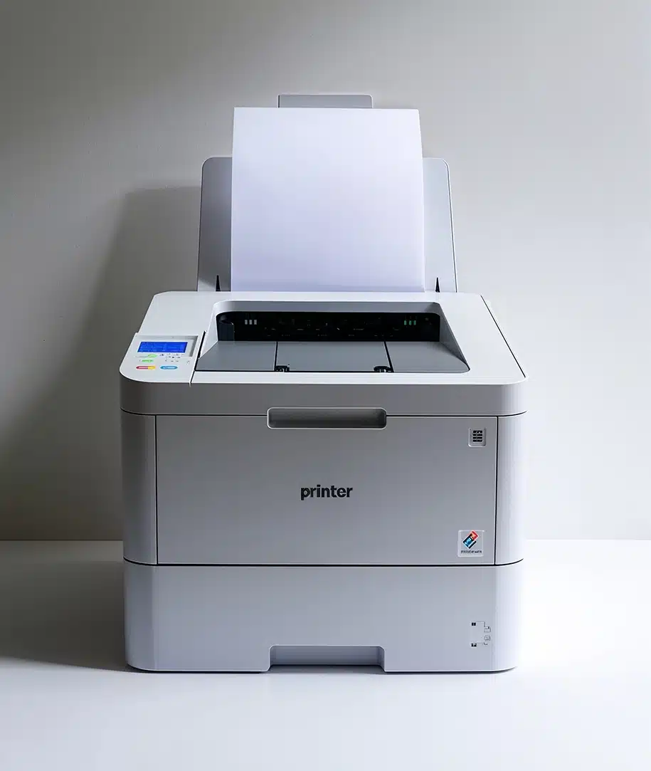 Ein Drucker mit Papier auf schlichtem weißem Hintergrund