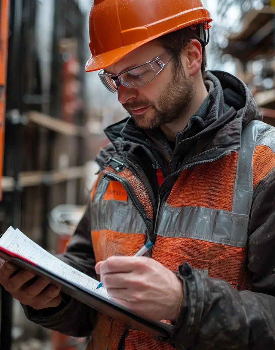 Ein Ingenieur untersucht eine Baustelle, um den Fortschritt zu beurteilen, und macht sich Notizen zu allen Problemen