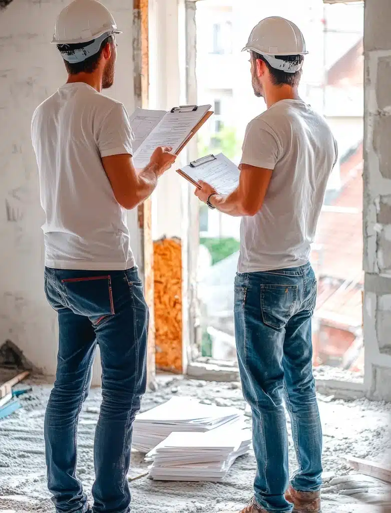 Zwei Bauunternehmer mit Schutzhelmen prüfen Baupläne, während sie in einem teilweise renovierten Raum stehen