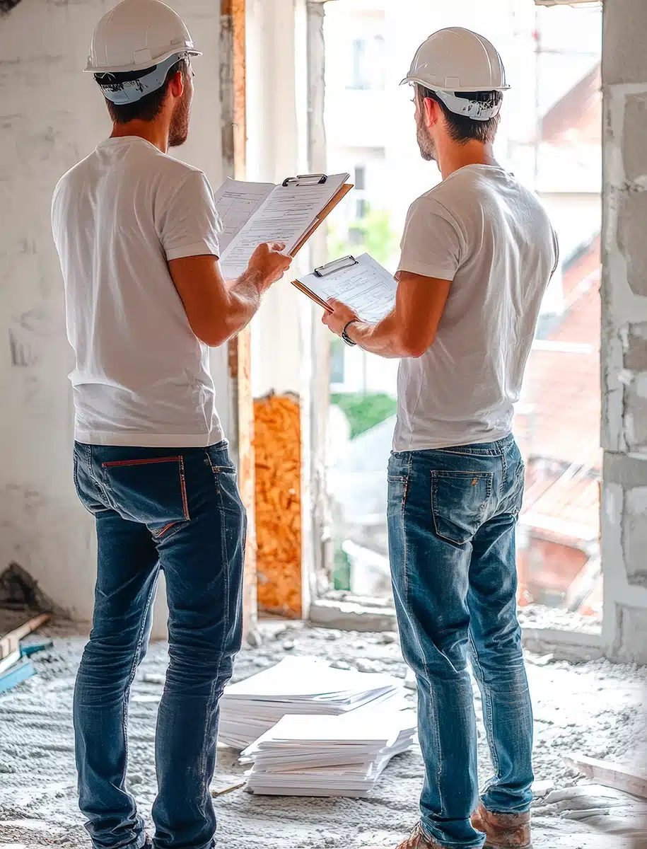 Zwei Bauunternehmer mit Schutzhelmen prüfen Baupläne, während sie in einem teilweise renovierten Raum stehen