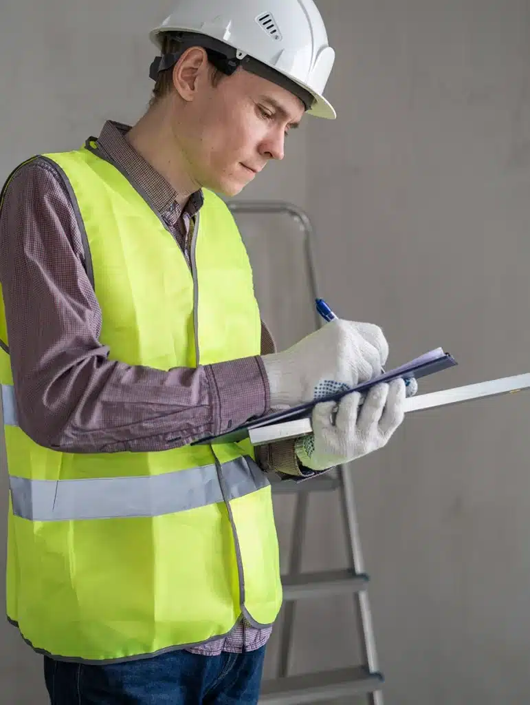 Bauunternehmer macht sich Notizen auf der Baustelle