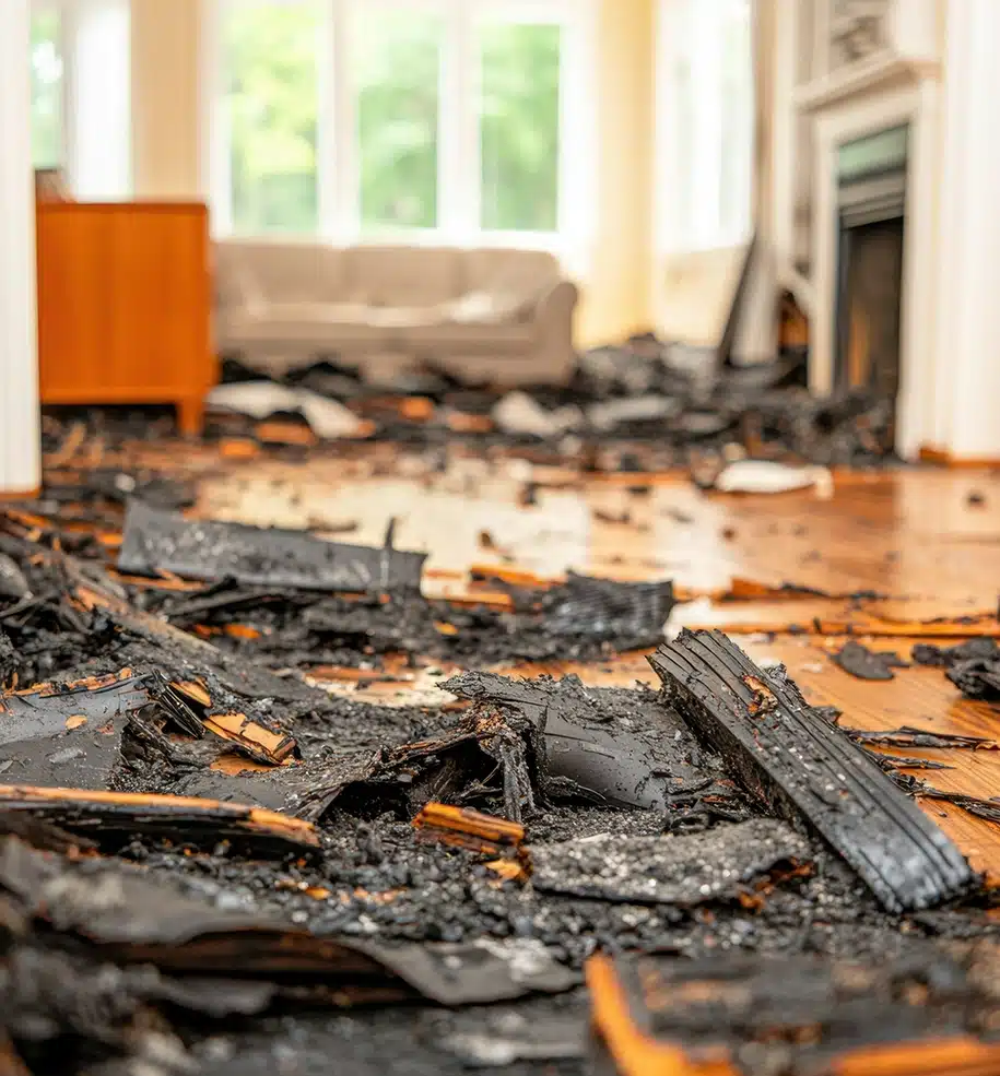 Ein verkohlter Boden, bedeckt mit verbranntem Schutt, weist auf umfangreiche Brandschäden in einer Wohnung