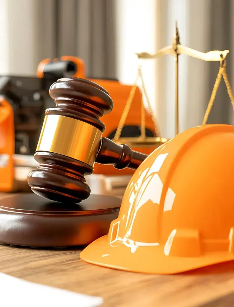 Hammer der Gerechtigkeit und ein Bauhelm liegen auf einem Tisch